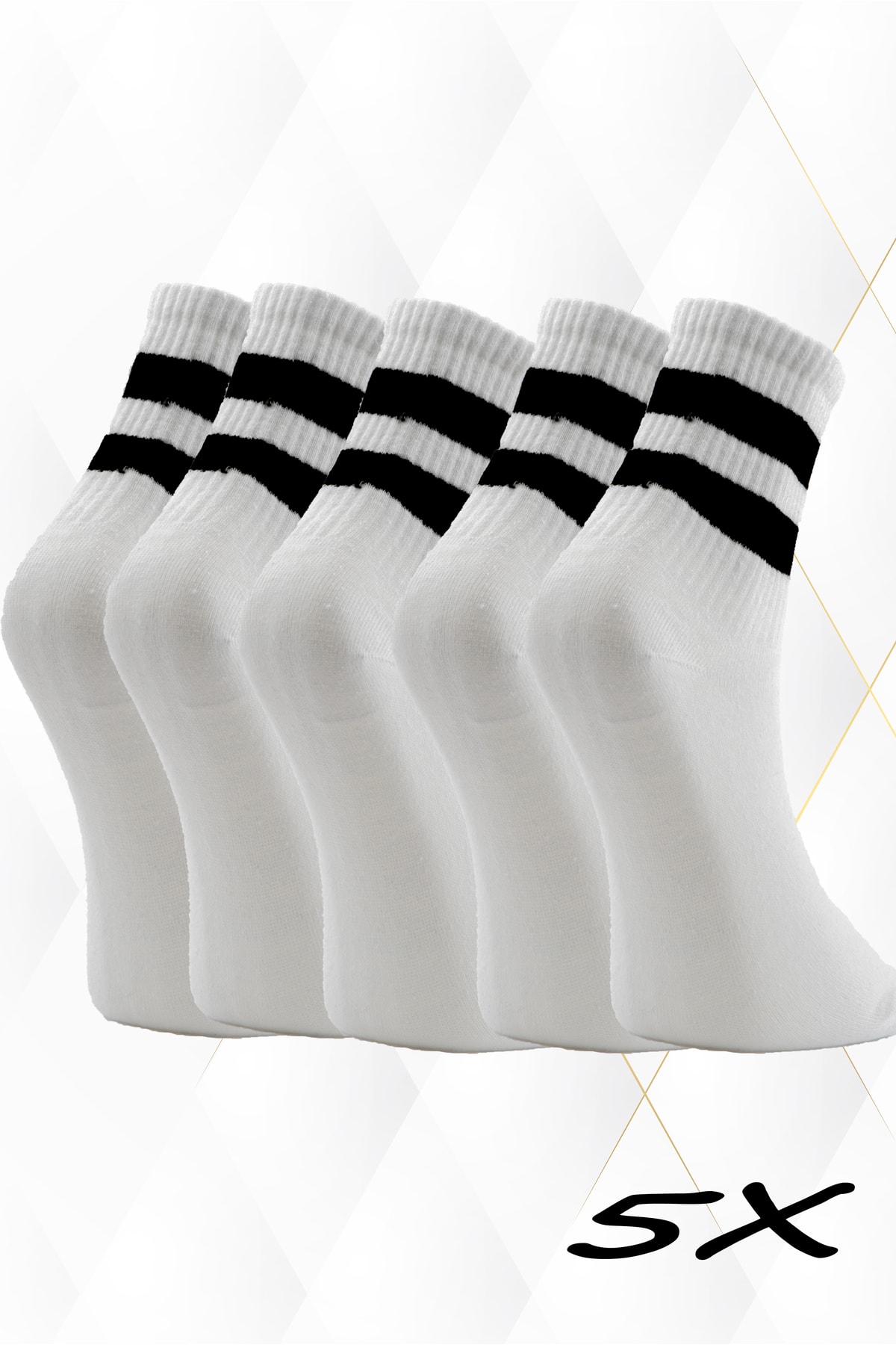 5'li Beyaz Siyah Çizgili Tenis Çorap